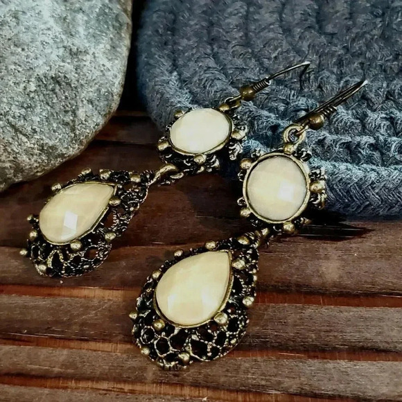 Modern Victorian Style Antique Brass Teardrop Cabochon Earrings - Picture 1 of 7